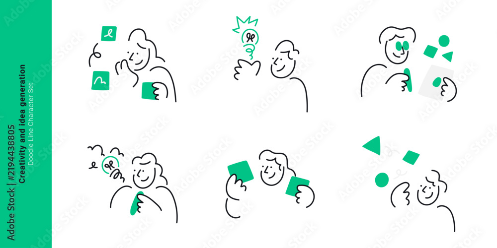 Obraz premium Creativity and idea generation concepts. Doodle line characters thinking with lightbulb, organizing sticky notes, designing shapes, and inventing solutions.