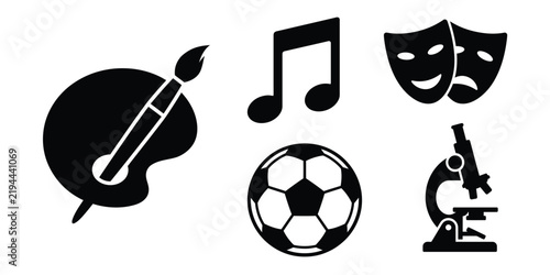 Black school activities silhouette set collection. Educational extracurricular icons in dark silhouette.