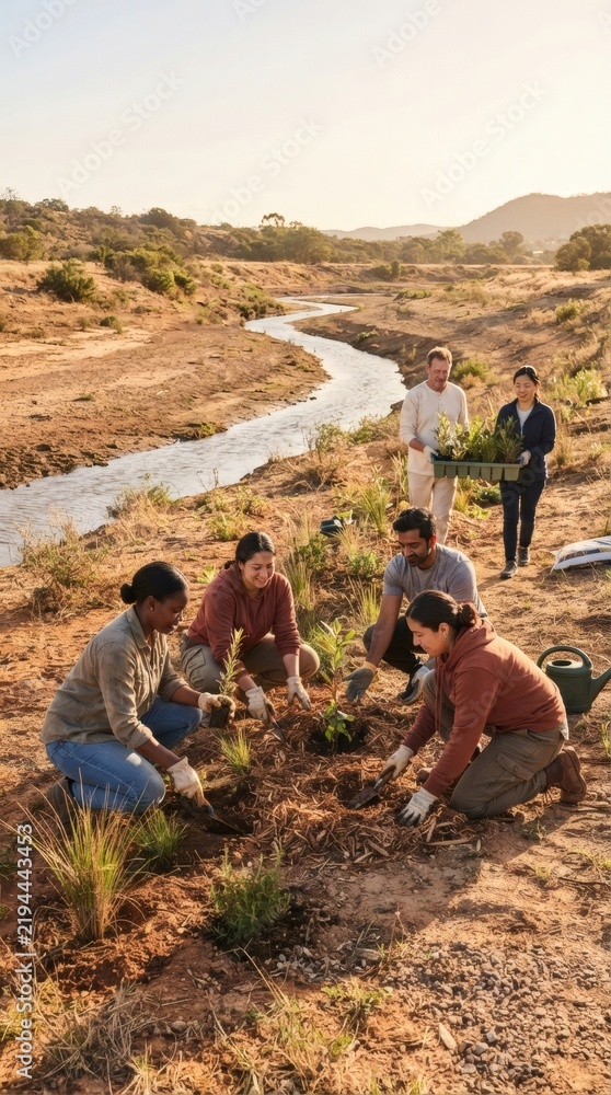 Obraz premium Diverse volunteers planting trees by a river in a dry landscape for environmental conservation