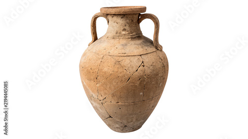 Fotografie Vintage ancient clay amphora vase pottery jug isolated on transparent background