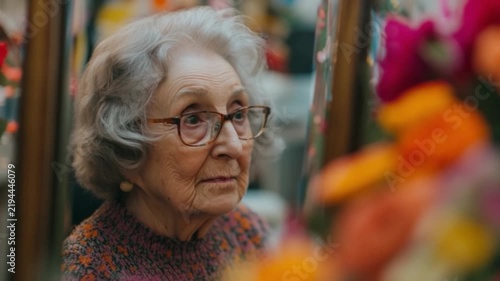 Reflective Elderly Woman Surrounded by Vibrant Flowers in a Colorful Setting with Warm Lighting for Emotional and Nostalgic Content. Generative AI