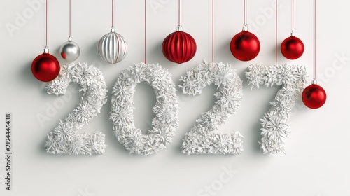 Festive 2017 New Year numbers decorated with snowflake texture and hanging shiny red and silver baubles on white background