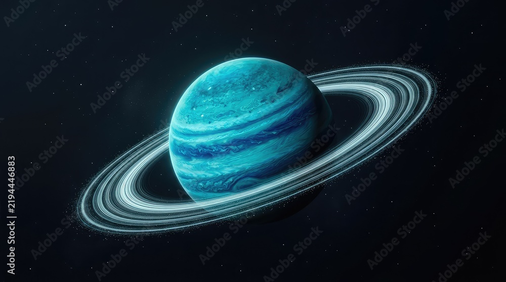 Fototapeta premium A solitary aqua-teal gas giant with ethereal rings orbits against a profound black cosmic background, conveying profound solitude and beauty, starfield, background, vast