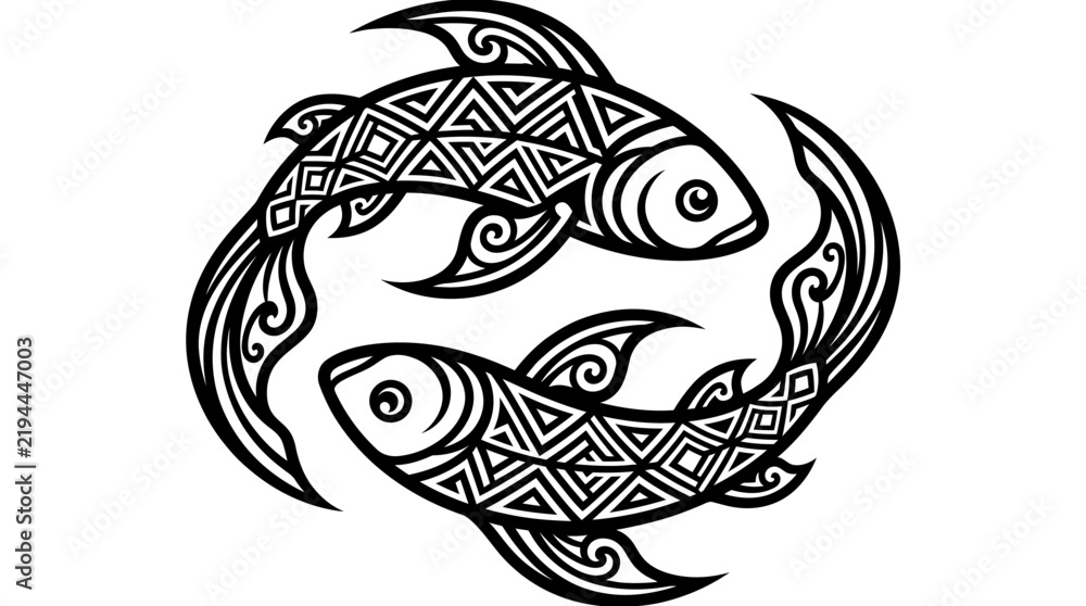 Obraz premium Tribal style illustration of two fish swimming in a circular formation with tribal pattern marine life vector art