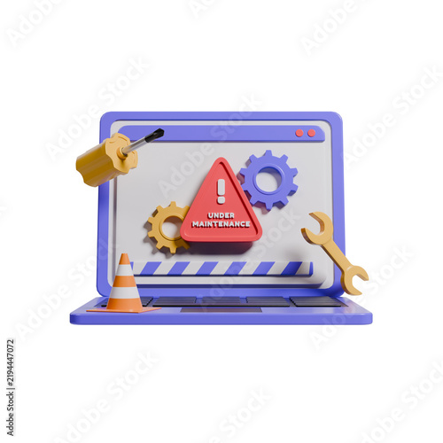 Perspective Front View Laptop with Under Maintenance Warning Sign, Gears, Cone, and Tools 3D Render Illustration