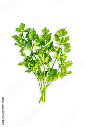 Foto Top view of bunch of fresh green parsley edible plant isolated on white backgrou
