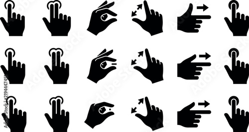 Set of hand gestures icons for touch screen devices, including tap, swipe, pinch, and zoom actions