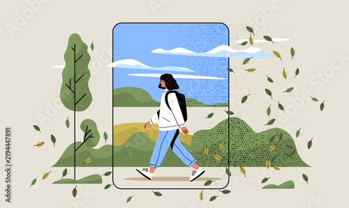 Nature break and attention restoration digital detox concept person walking outdoors leaves trees landscape phone screen transition