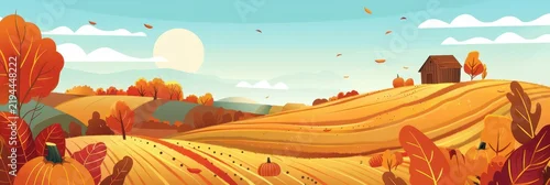 Panel kuchenny z motywem Autumn harvest rolling hills landscape with pumpkins and farmhouse for thanksgiving banner and background design. Flat illustration. Copy space