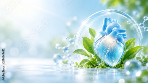 Glass human heart nestled in green leaves inside a transparent sphere, symbolizing cardiovascular health, wellness and medical science.