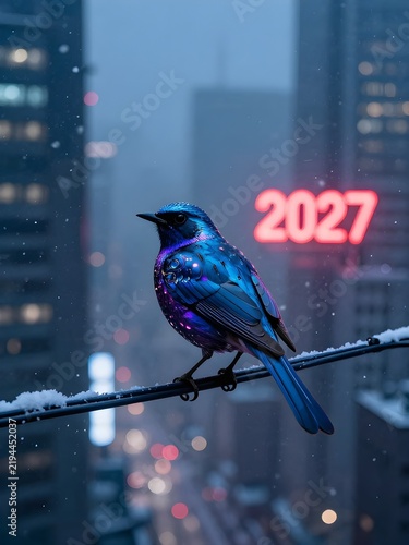 Blue songbird resting on frozen wire with 2027 neon numbers over winter city skyline