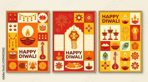 Set of Three Modern Happy Diwali Posters with Traditional Indian Festival Icons and Vibrant Geometric Design