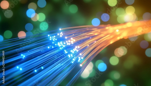 Fiber optic cables emitting blue and orange light form streams of light, symbolizing high-speed internet data transmission and digital telecommunication networks against a vibrant green background.