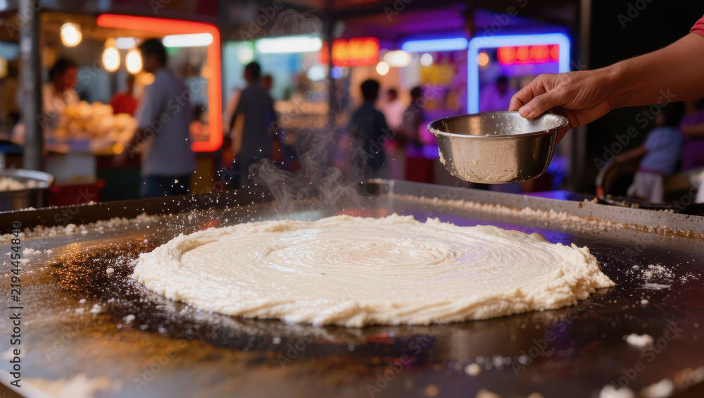 Fototapeta premium Street food vendor spreading batter on hot griddle in vibrant night market setting