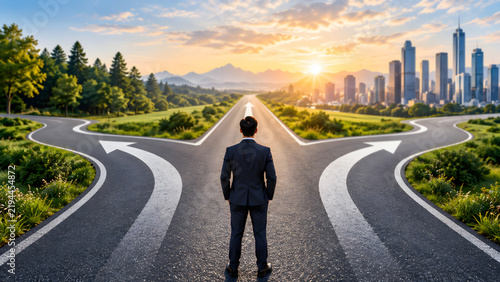 Businessman in suit standing at highway crossroads looking toward modern city skyline at sunrise symbolizing strategic business choices and future career path development