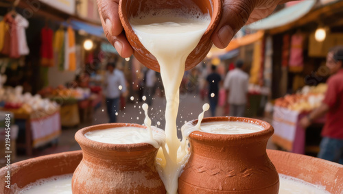 Clay pot pouring white beverage vibrant outdoor market, creating joyful traditional food scene with handcrafted pottery