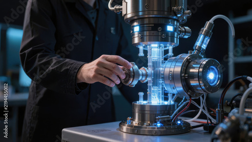 Advanced laboratory equipment with scientist adjusting vacuum chamber during blue illuminated research