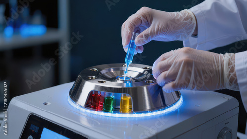 Medical laboratory scientist gloved hand pipette centrifuge sample research laboratory equipment