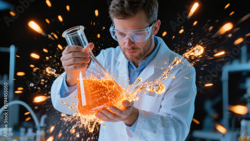Scientist holding glass flask during dramatic laboratory reaction with bright orange sparks and liquid splash