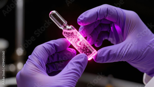 Purple gloved scientist holding glowing test tube with pink liquid in laboratory