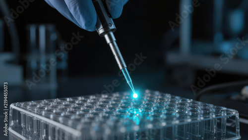 Laboratory pipette dispensing liquid into microplate with blue light and sterile research setting