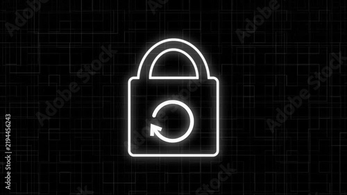 Padlock icon animation displays a refresh cycle arrow on grid. Data privacy encryption reset updates on the padlock icon. System cybersecurity access synchronization clears lock icon.
