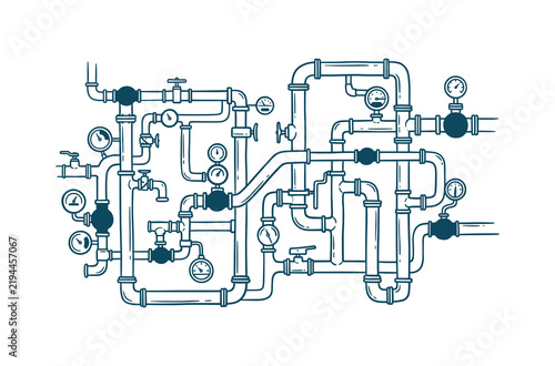 Industrial plumbing system with complex pipes, valves, and pressure gauges in vector line art