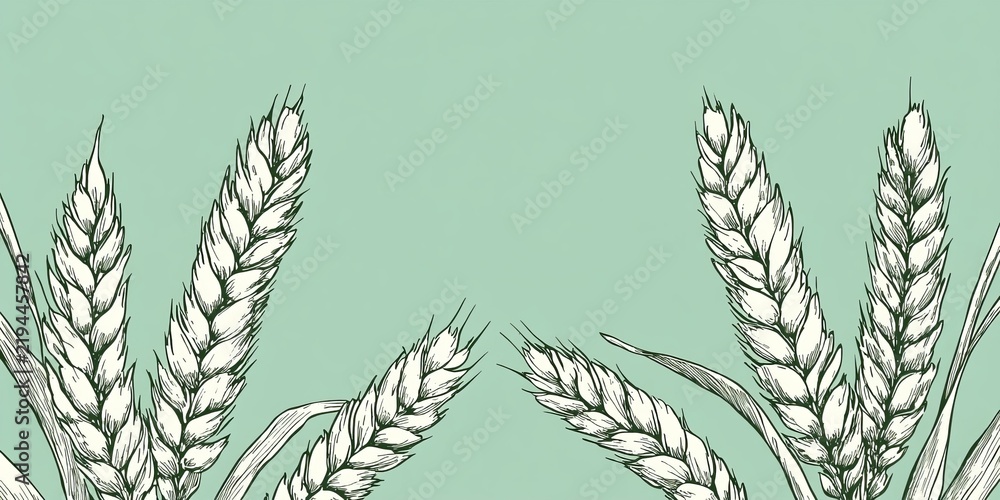 Obraz premium Elegant thin line drawing of rustic wheat stalks on a seafoam green watercolor background design.