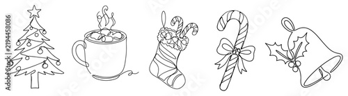 Christmas holiday line art icons set featuring tree hot chocolate mug stocking candy cane and bell in minimal vector style