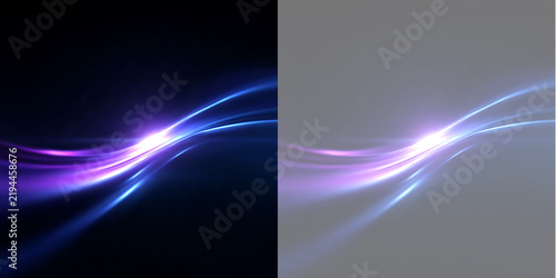 Abstract blue and purple light trail wave. Dynamic glowing neon curves on black and transparent background. Motion energy design element