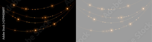 Golden fairy lights hanging on black and transparent background. Glowing Christmas string lights vector asset. Warm yellow garland light bulbs for festive holiday decoration