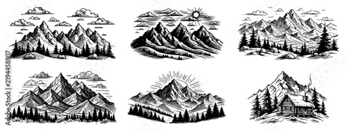 Mountain landscape illustrations featuring alpine peaks pine forests and wooden cabin in vintage engraving style