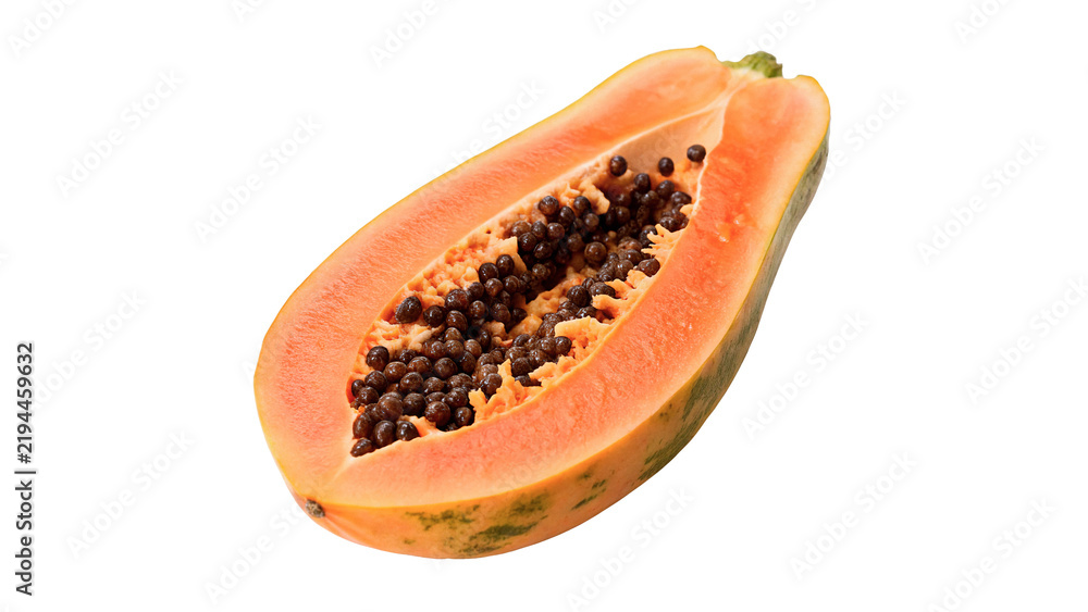 Obraz premium Fresh ripe slice of tropical exotic papaya fruit isolated on transparent background.