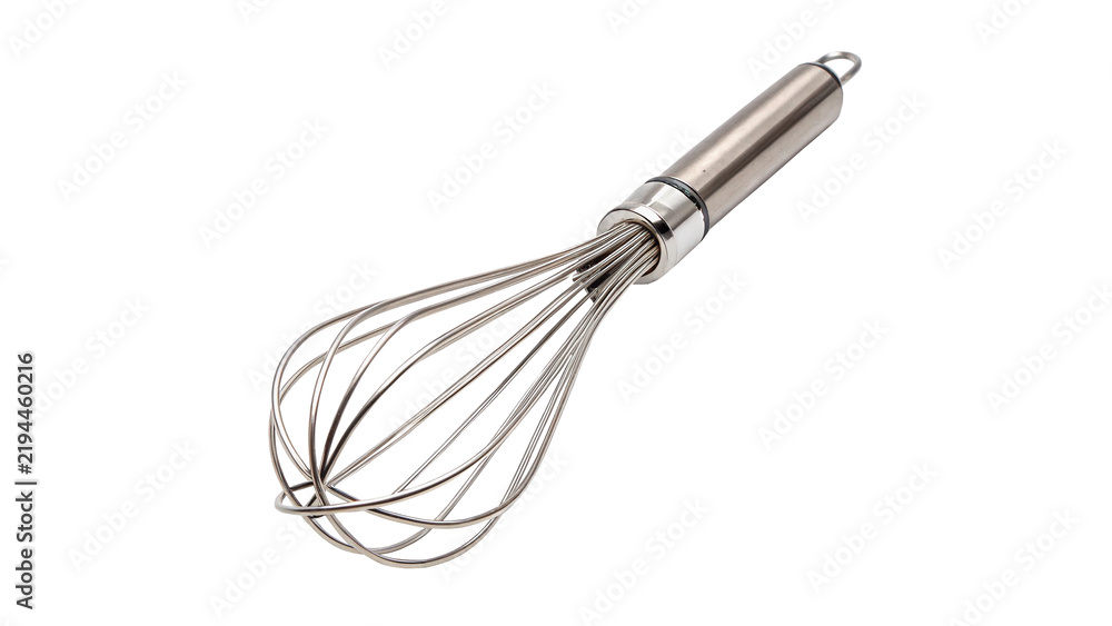 Obraz premium Professional metallic stainless steel wire whisk kitchen tool isolated on transparent background.