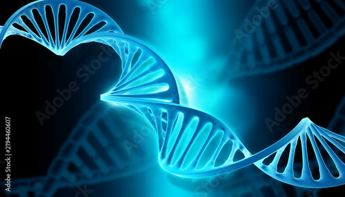 DNA double helix strand shown over an abstract glowing scientific and digital data background.