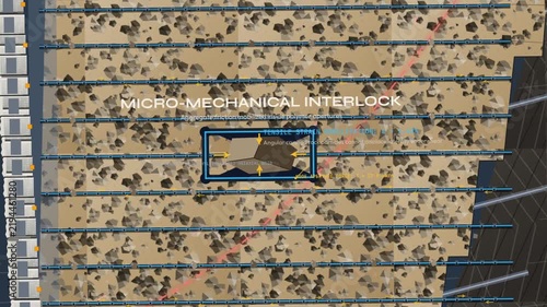 Animation detailing a geosynthetic reinforced soil retaining wall, explaining micro-mechanical interlock, layered compacted lifts, slip surface restraint, and dynamic freight surcharge stability