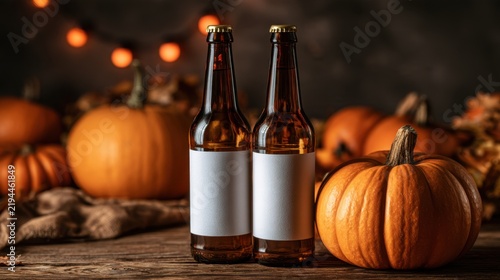 Two unlabeled amber glass bottle with fall pumpkin and cozy string light background for autumn celebration and seasonal drink concept