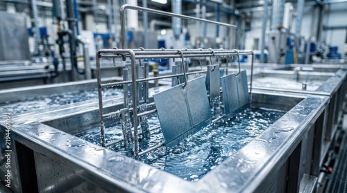 Anodized aluminum panels, zinc phosphate crystals and stainless dipping tanks showing industrial surface treatment, passivation and anti-corrosion finishing.