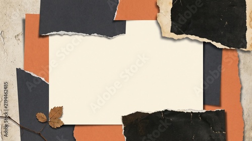 A creative collage of torn paper pieces and vintage frames creating an abstract artistic background
