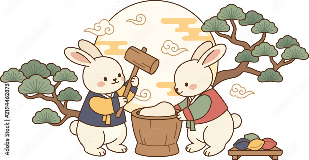 Fototapeta premium Cute Chuseok Moon Rabbits Making Rice Cake