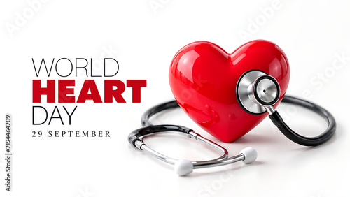 World heart day concept with a red heart model and a medical stethoscope isolated on white background, world heart day 2026, heart day 2026, heart day
