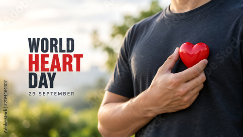 World heart day concept with a person holding a red heart shape over their chest, outdoor background, world heart day 2026, heart day 2026, heart day