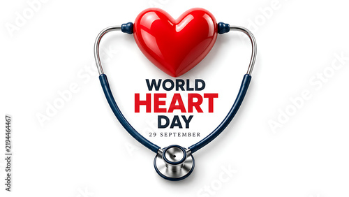 World heart day concept with a red heart shape and a medical stethoscope isolated on white background, world heart day 2026, heart day 2026, heart day
