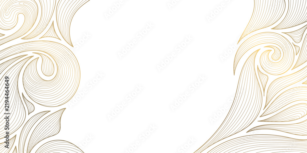 Obraz premium Elegant abstract floral pattern with golden line flowers, leaves, waves, art deco ornament on white background, frame, luxury corners. Plant wallpaper, tea packaging, wedding card, nature illustration