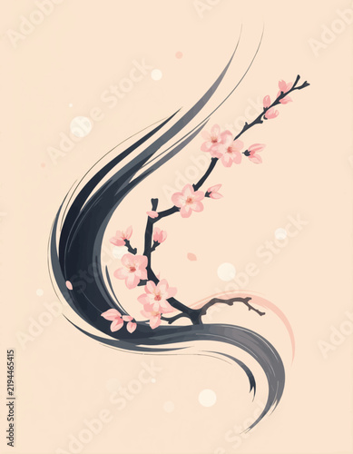 Japanese cherry blossom vector illustration, elegant pink sakura branch with flowing black ink strokes, minimalist floral zen art for greeting cards