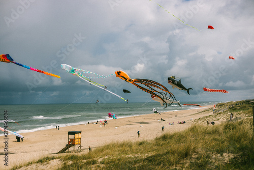 Colorful kites flying over a sandy beach and ocean on a bright summer day, with waves, blue sky and beachgoers in the background.