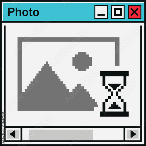 Image photo viewer editor application loading hourglass window, retro y2k computer aesthetic desktop interface element, nostalgic 90s digital ui graphic vector.