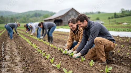 Couple planting seedlings in community supported agriculture farm for sustainable living
