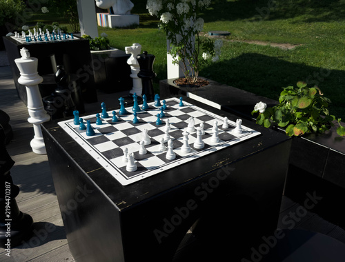 фотографія Outdoor chess game in landscaped park with oversized black white pieces, illustr