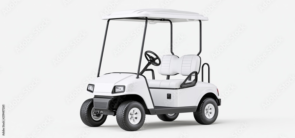 Fototapeta premium Modern golf cart showcased from the front against a white background, perfect for outdoor and leisure marketing.